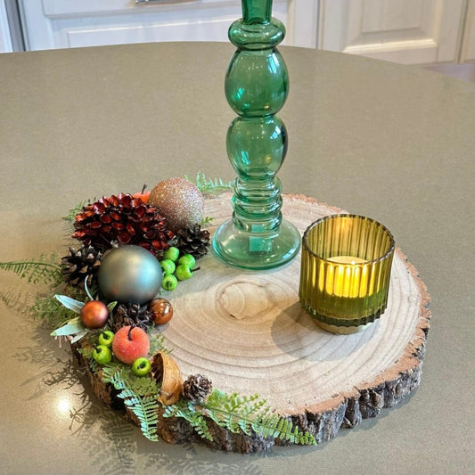 Rustic Green Handcrafted Floral Wood Log (Large)